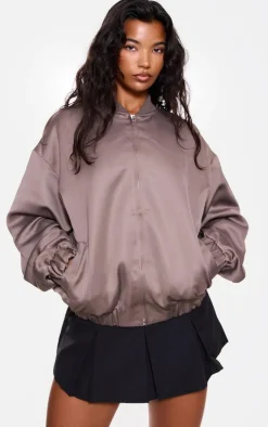 Taupe Satin Look Oversized Bomber Jacket