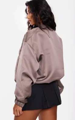 Taupe Satin Look Oversized Bomber Jacket
