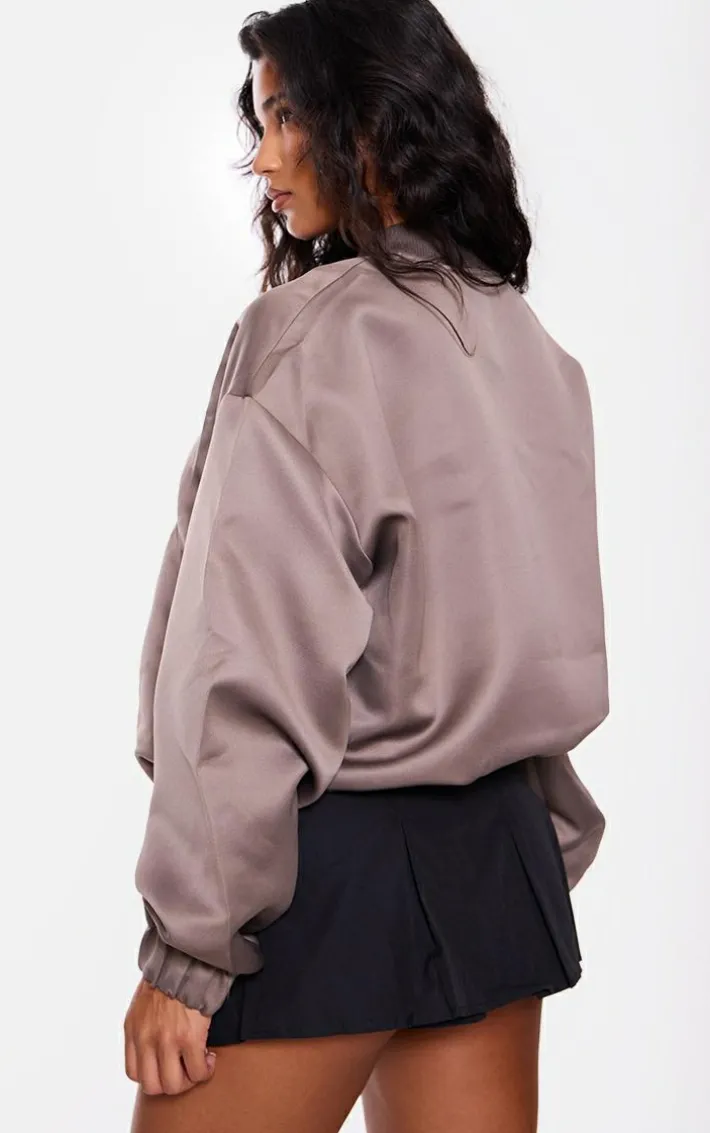 Taupe Satin Look Oversized Bomber Jacket