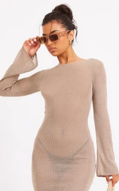 Taupe Scoop Back Filagree Knit Maxi Dress