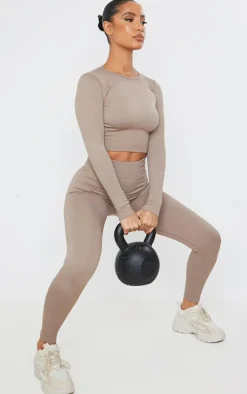 Taupe Seamless Rib Detail Gym Leggings