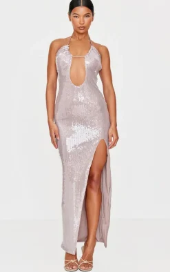 Taupe Sequin Tie Neck Cut Out Maxi Dress