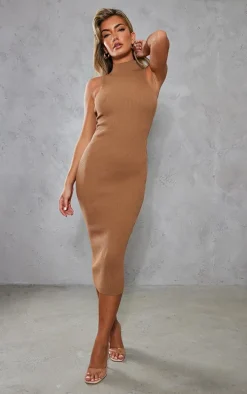 Taupe Sleeveless Rib Knit Midaxi Bodycon Dress