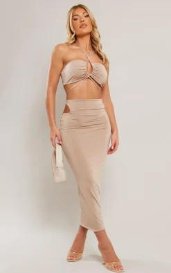 Taupe Slinky Multi Cut Out Cross Neck Midaxi Dress