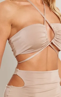 Taupe Slinky Multi Cut Out Cross Neck Midaxi Dress