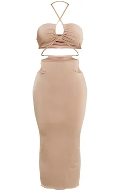 Taupe Slinky Multi Cut Out Cross Neck Midaxi Dress
