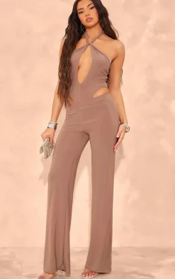 Taupe Slinky Plunge Halterneck Bodysuit