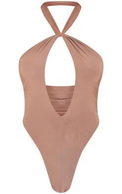 Taupe Slinky Plunge Halterneck Bodysuit