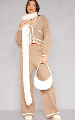 Taupe Soft Knit Contrast Stripe Detail Wide Leg Pants