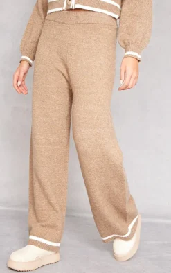 Taupe Soft Knit Contrast Stripe Detail Wide Leg Pants