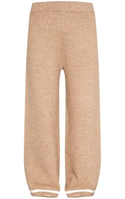Taupe Soft Knit Contrast Stripe Detail Wide Leg Pants