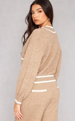 Taupe Soft Knit Contrast Stripe Detail Button Up Cardigan