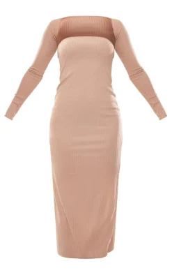 Taupe Soft Rib Detachable Sleeve Midaxi Dress