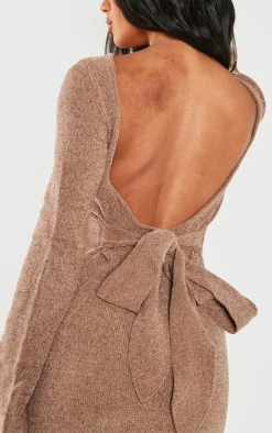 Taupe Soft Textured Knit Open Back Tie Waist Maxi Dress