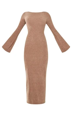 Taupe Soft Textured Knit Open Back Tie Waist Maxi Dress