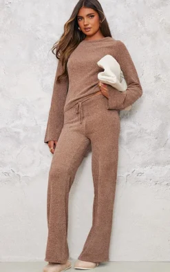 Taupe Soft Textured Knit Drawstring Wide Leg Pants