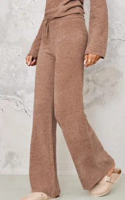 Taupe Soft Textured Knit Drawstring Wide Leg Pants