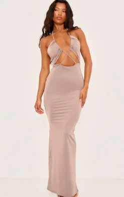 Taupe Soft Touch Halter Neck Cut Out Maxi Dress