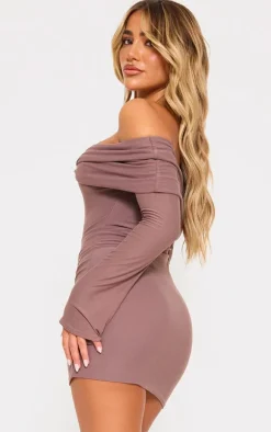 Taupe Soft Touch Twist Bardot Bodycon Dress
