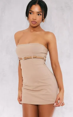 Taupe Stretch Woven Belt Front Skort Romper