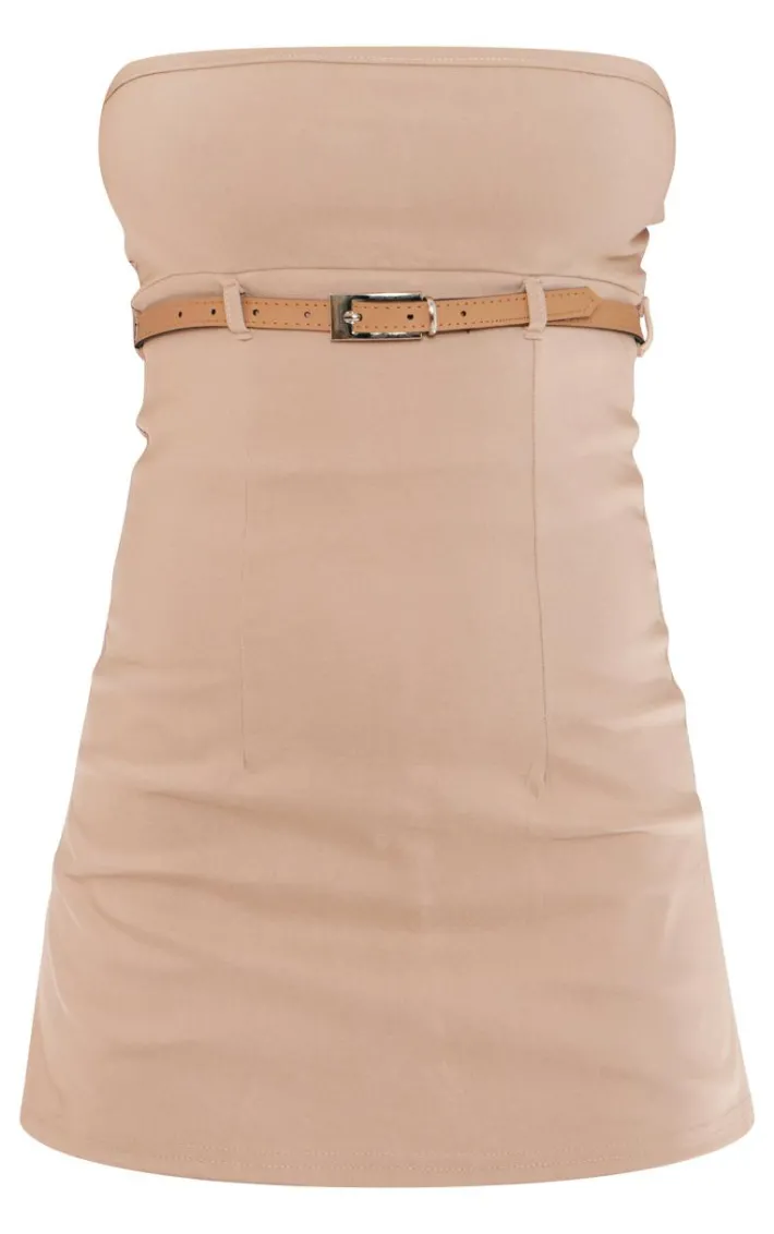 Taupe Stretch Woven Belt Front Skort Romper