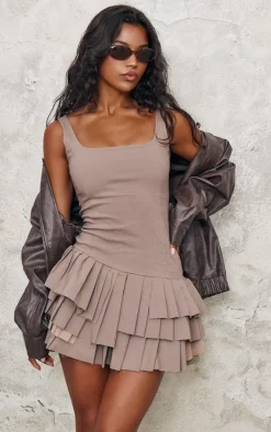 Taupe Stretch Woven Extreme Pleated Shift Dress