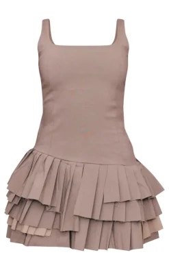 Taupe Stretch Woven Extreme Pleated Shift Dress