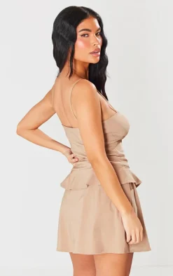 Taupe Stretch Woven Pleated Strappy Shift Dress