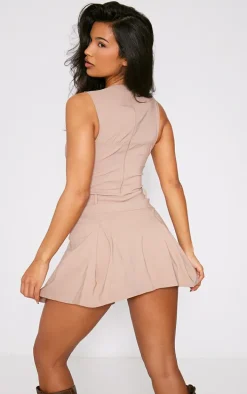 Taupe Stretch Woven Pleated Square Neck Shift Dress