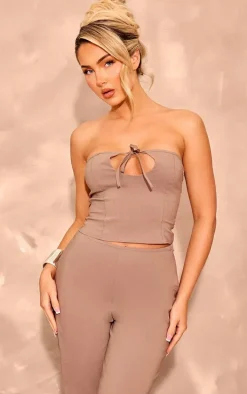 Taupe Stretch Woven Tie Detail Seam Top