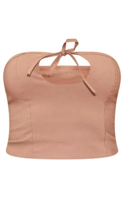 Taupe Stretch Woven Tie Detail Seam Top