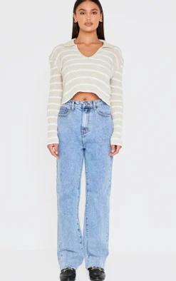 Taupe Stripe Rib Knit V Neck Cropped Polo