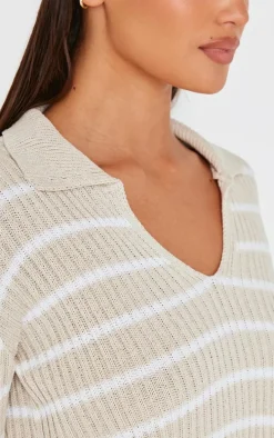 Taupe Stripe Rib Knit V Neck Cropped Polo