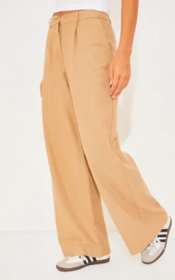 Taupe Structured Linen Look Tailored Wide Leg Pants