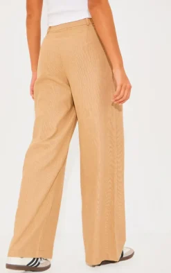 Taupe Structured Linen Look Tailored Wide Leg Pants