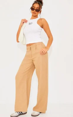 Taupe Structured Linen Look Tailored Wide Leg Pants