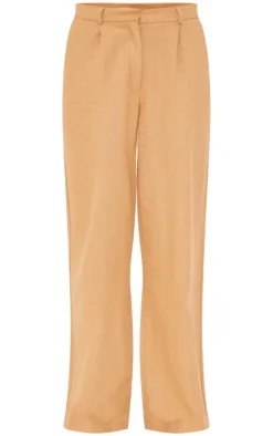 Taupe Structured Linen Look Tailored Wide Leg Pants
