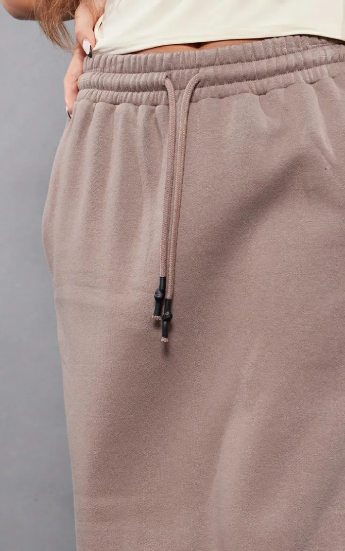 Taupe Sweat Drawstring Midi Skirt