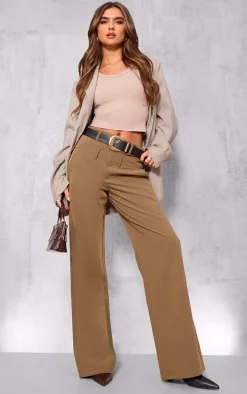 Taupe Tailored Woven Double Waistband Straight Leg Pants