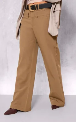 Taupe Tailored Woven Double Waistband Straight Leg Pants