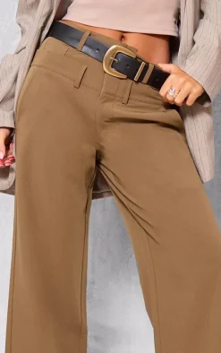 Taupe Tailored Woven Double Waistband Straight Leg Pants