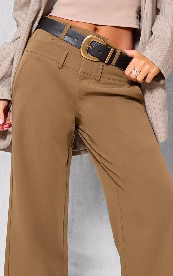 Taupe Tailored Woven Double Waistband Straight Leg Pants