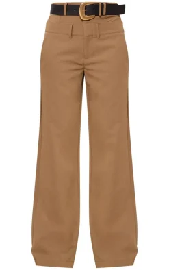 Taupe Tailored Woven Double Waistband Straight Leg Pants