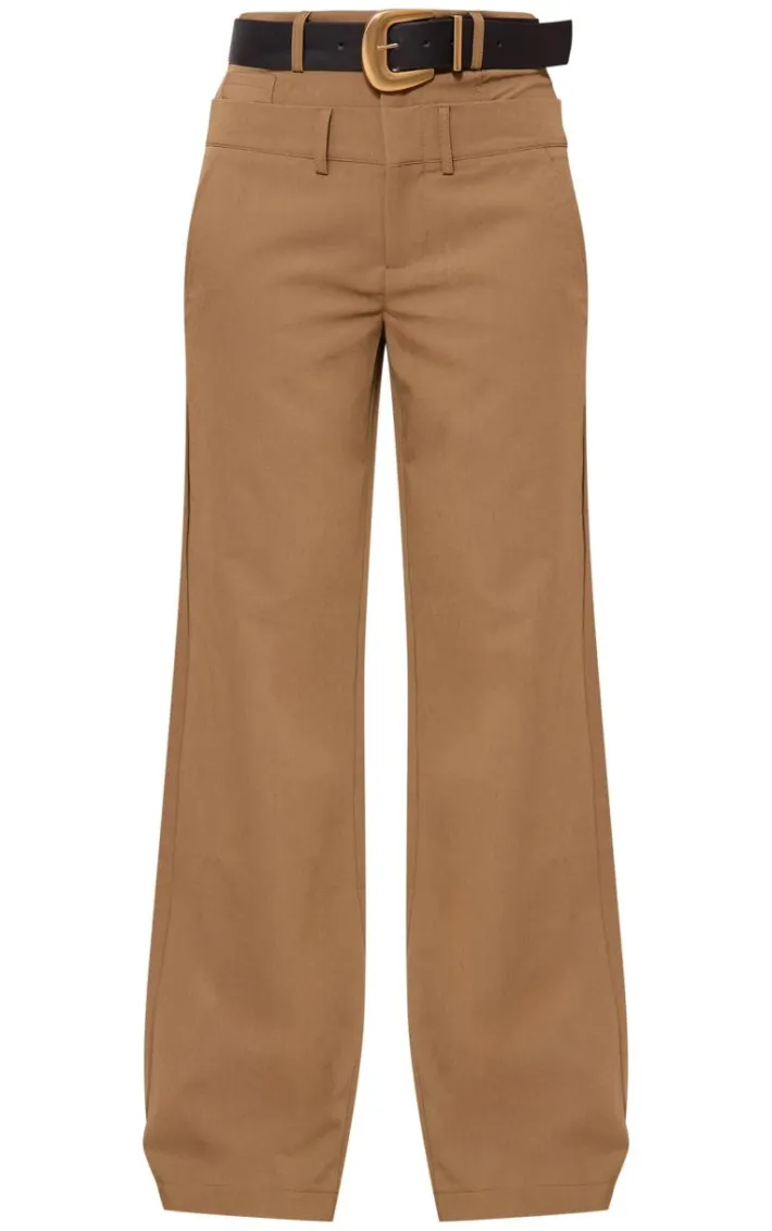 Taupe Tailored Woven Double Waistband Straight Leg Pants