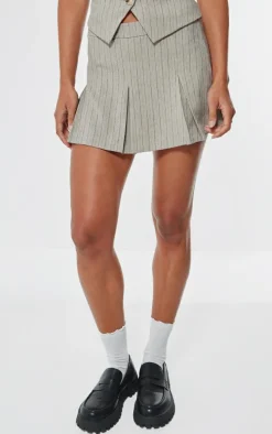 Taupe Tailored Woven Herringbone Mini Pleated Skirt