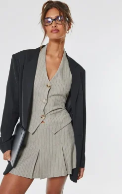 Taupe Tailored Woven Herringbone Mini Pleated Skirt