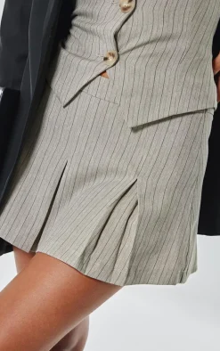 Taupe Tailored Woven Herringbone Mini Pleated Skirt