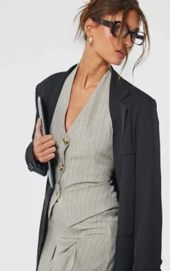 Taupe Tailored Woven Herringbone Halterneck Top