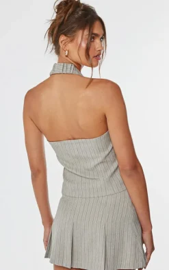 Taupe Tailored Woven Herringbone Halterneck Top