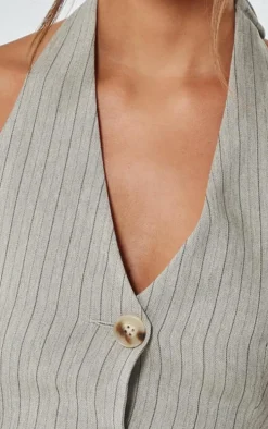 Taupe Tailored Woven Herringbone Halterneck Top